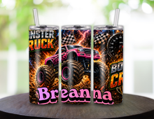 Load image into Gallery viewer, Pink Monster Truck Kids Tumbler & Sports Water Bottle – Personalized 12oz Straight Tumbler or 15oz Kids Bottle
